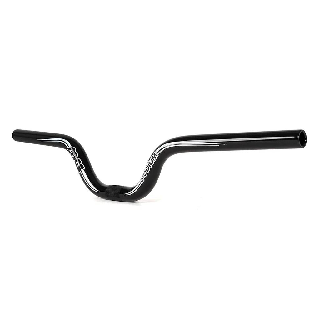 The MCS Podium Bars (22.2mm Clamp) are black metal BMX handlebars with a high-rise, swept-back design—ideal for riders seeking stylish and durable aluminium bars. Shown against a white background.