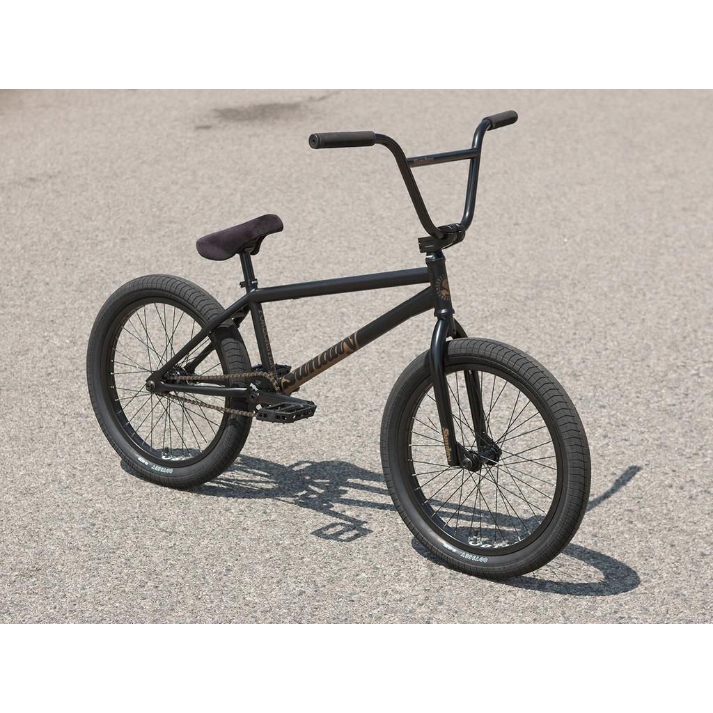 A Sunday Forecaster 20 Inch Bike (2025) / Broc Raiford, featuring a black 100% chromoly frame, padded seat, and thick tires, is parked on a paved surface.