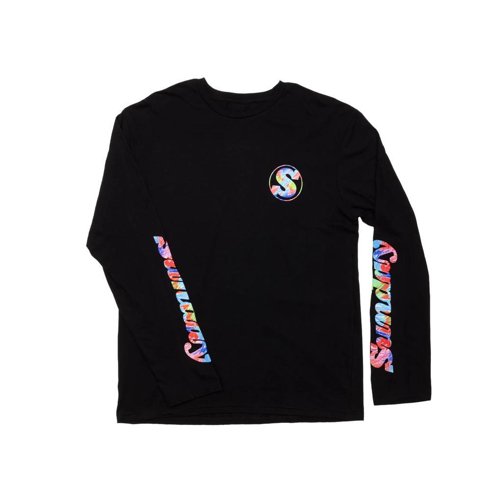 The Sunday Classy Scribble Long Sleeve T-Shirt features colorful “SUNDAY” text on both sleeves and a small matching logo on the left chest—an awesome choice for back to school.