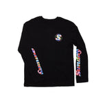 The Sunday Classy Scribble Long Sleeve T-Shirt features colorful “SUNDAY” text on both sleeves and a small matching logo on the left chest—an awesome choice for back to school.