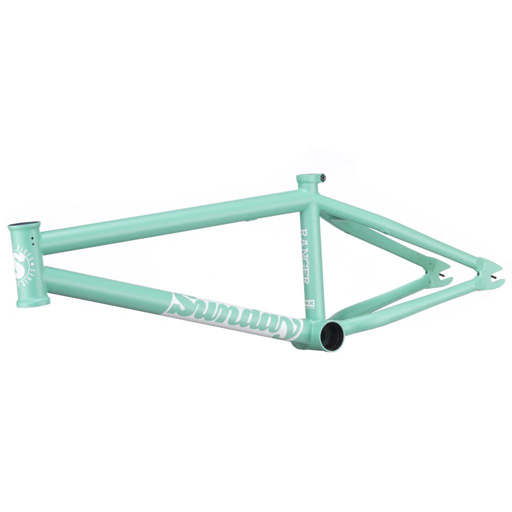 The Sunday Ranger 18 Inch Frame is a light green chromoly BMX frame with pro-level geometry, featuring white "Sunday" branding and a "Pancer" label, shown without wheels, seat, or handlebars.