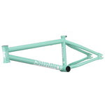 The Sunday Ranger 18 Inch Frame is a light green chromoly BMX frame with pro-level geometry, featuring white "Sunday" branding and a "Pancer" label, shown without wheels, seat, or handlebars.