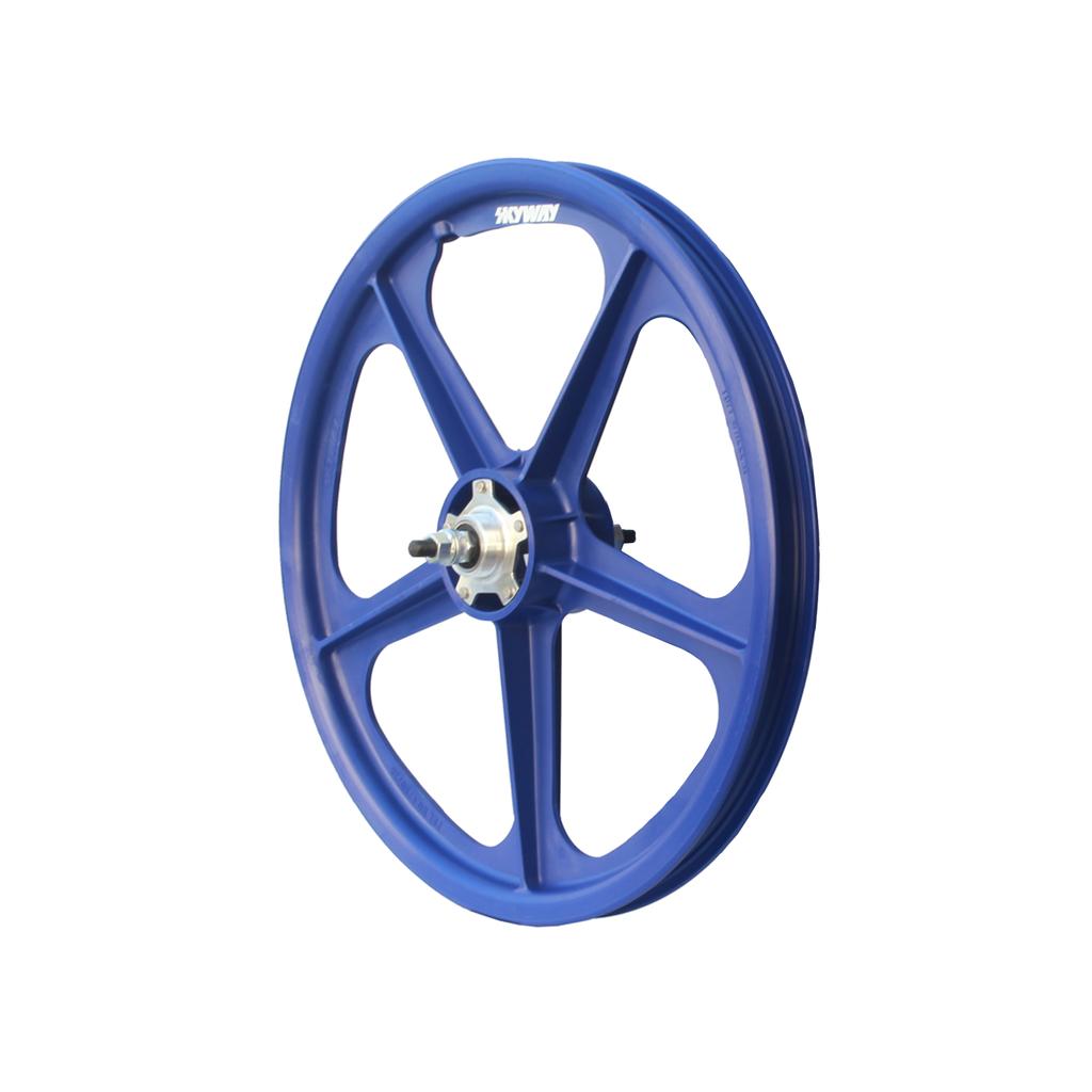 The Skyway TUFF II Silver Rivet 20 Inch Rear Wheel features a blue five-spoke design with a silver hub and precision sealed bearings, displayed from the side on a white background.