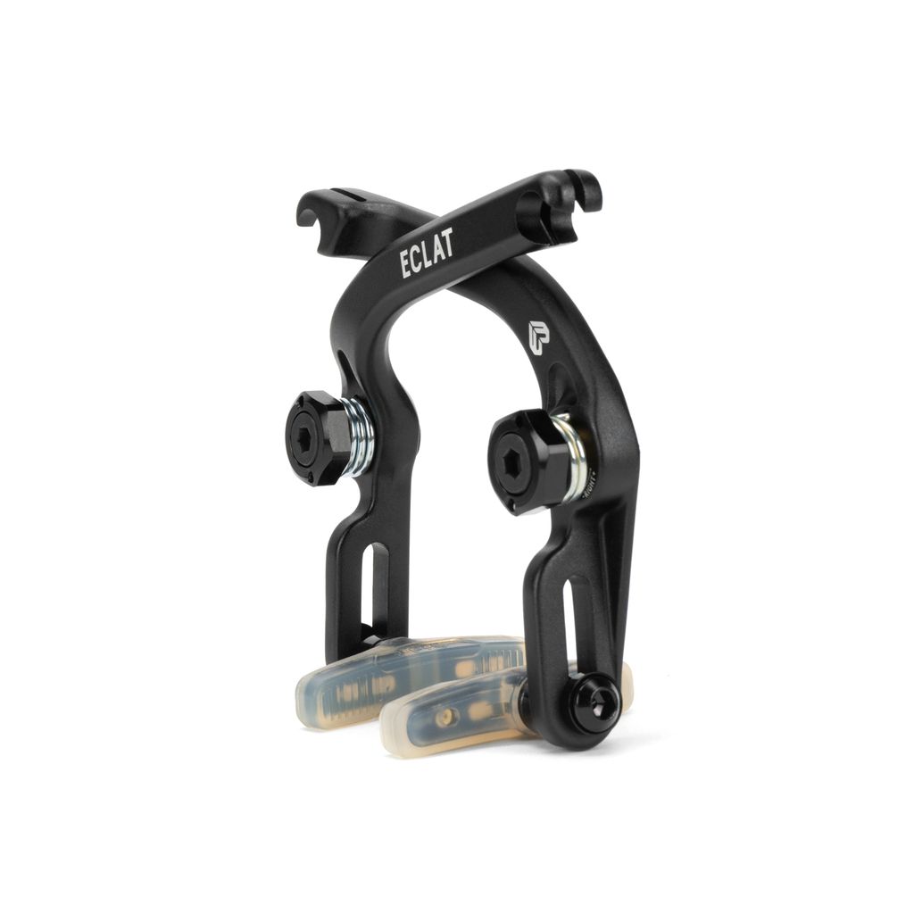 Eclat Talon Brake in black featuring two bolts and Eclat Force brake pads constructed from cold-forged alloy, set against a white background.