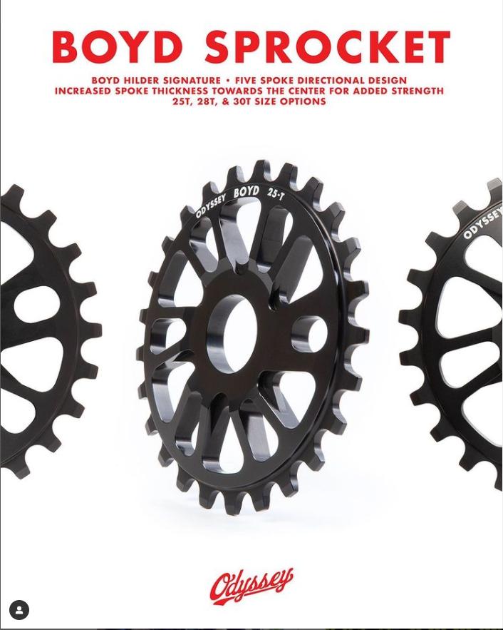 The Odyssey Boyd Sprocket, a black five-spoke BMX sprocket labeled "Boyd Sprocket," is available at LUXBMX in 25T, 28T, and 30T sizes. Displayed on a white background with red text.