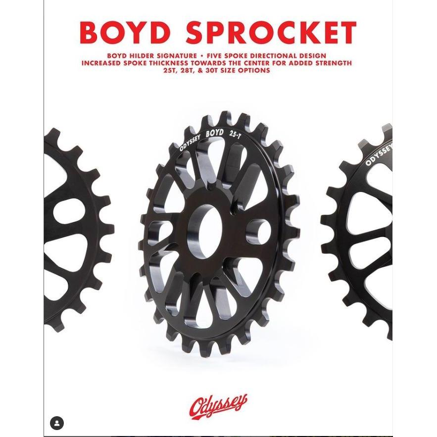 The Odyssey Boyd Sprocket, a black five-spoke BMX sprocket labeled "Boyd Sprocket," is available at LUXBMX in 25T, 28T, and 30T sizes. Displayed on a white background with red text.