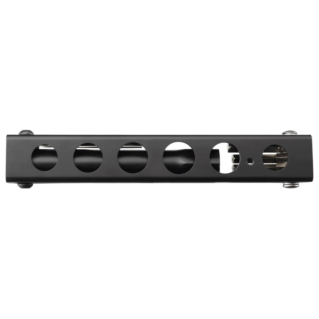 The Odyssey Travel Multi Tool features a black metal bracket with five circular cutouts and a slot on one side, designed for bike maintenance, shown from above on a white background.