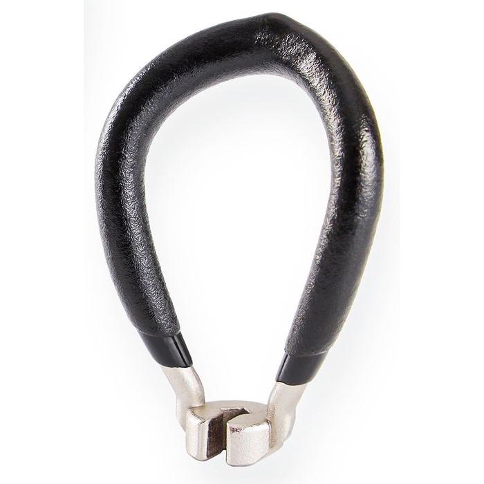 A close-up view of a carpet puller tool with a black U-shaped handle and metallic jaws showcases precision similar to the 3.2mm Spoke Key for 14g spokes.