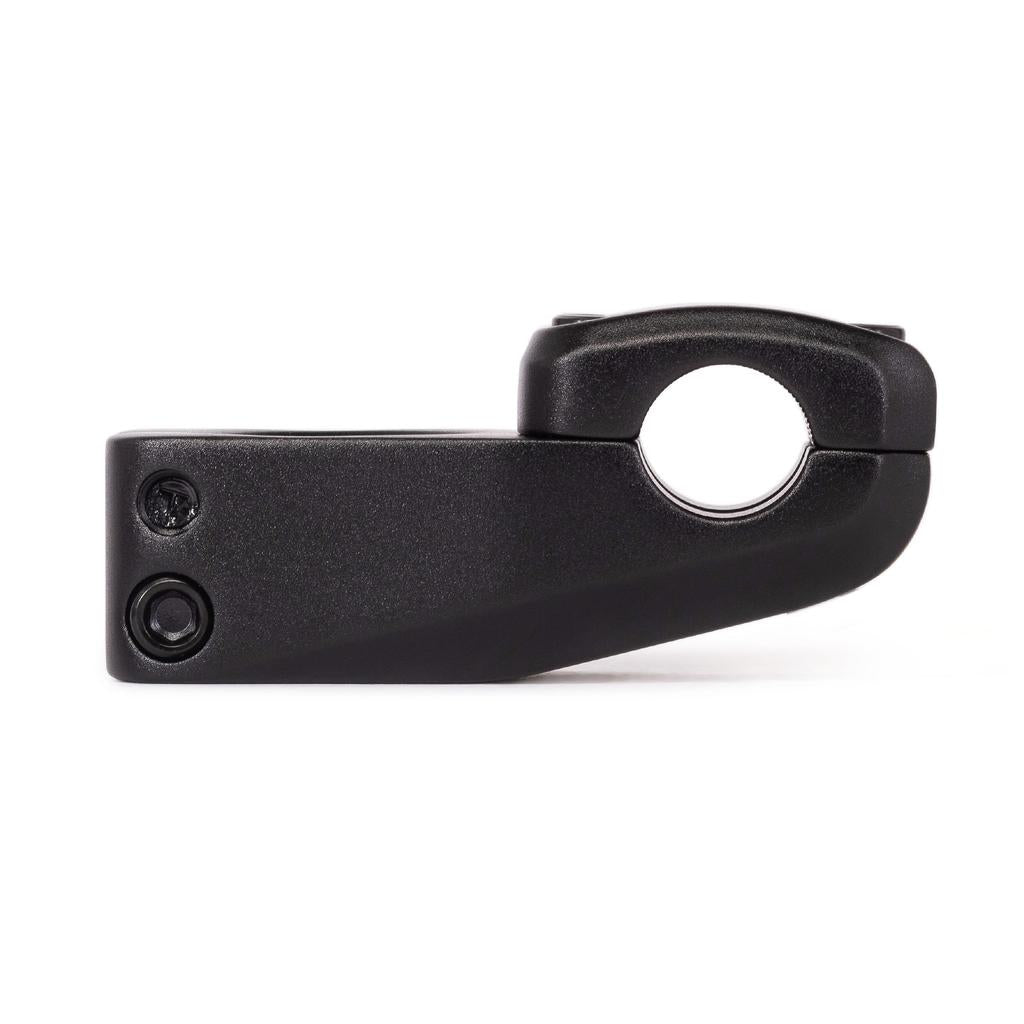 Side view of the Eclat Onyx Stem (22.2mm Clamp) shows its black metal body with two bolt holes and a round handlebar clamp, made with cold forging technology for added strength.
