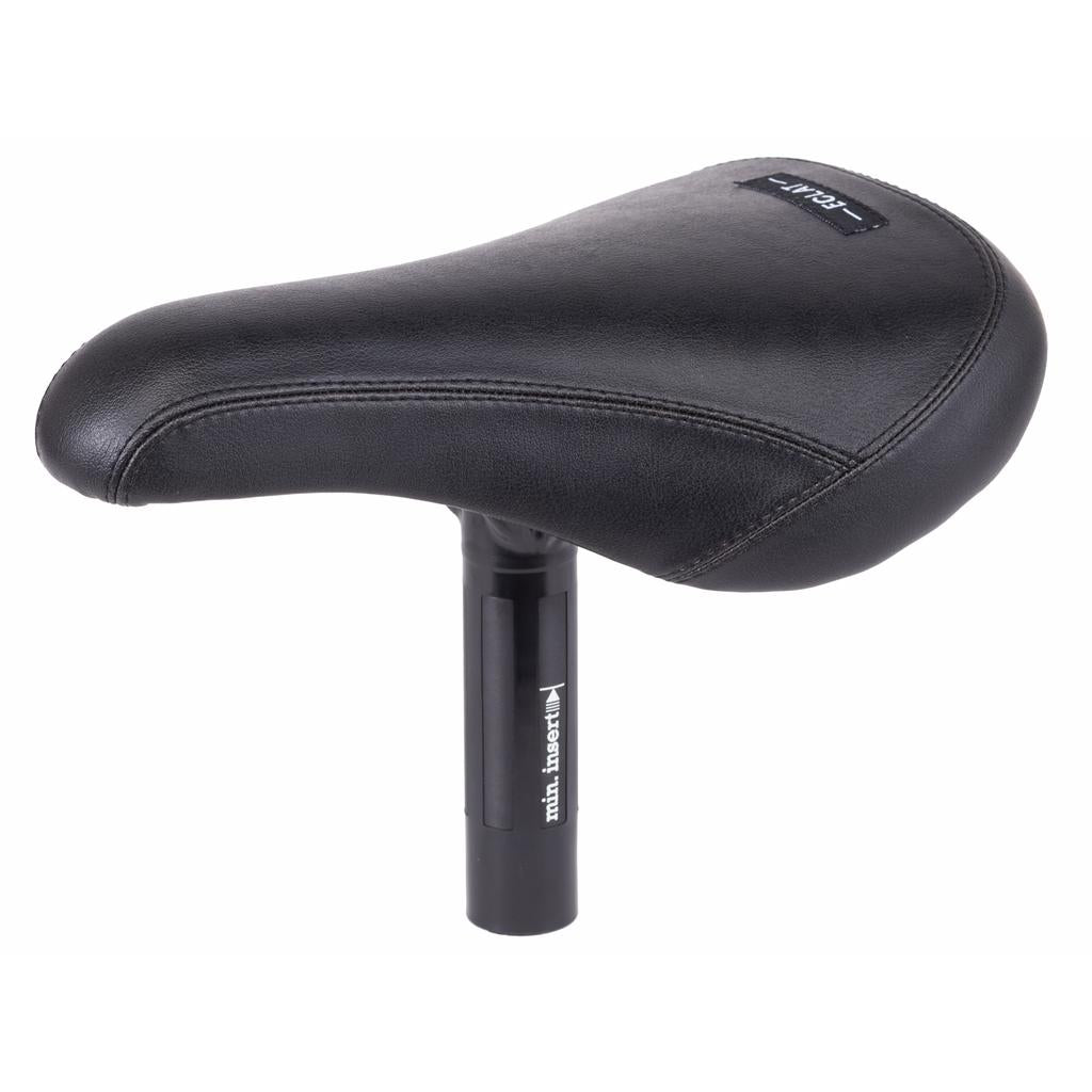 The Eclat Unify Fat Padded Combo Seat is a black leather bicycle saddle with a padded seat and an attached 25.4mm seat post, shown against a white background.
