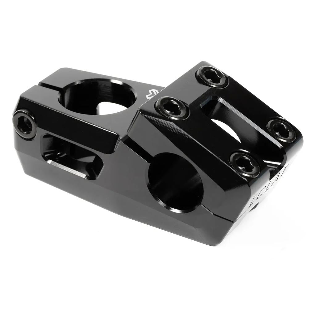 Introducing the Eclat Felix Top Load Stem (22.2mm Clamp): a black metal BMX top load stem featuring Felix Prangenberg's signature style with a Vice-Jaw clamping system, multiple bolt holes, an angular design, and a polished finish for unmatched performance and precision.