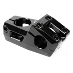 Introducing the Eclat Felix Top Load Stem (22.2mm Clamp): a black metal BMX top load stem featuring Felix Prangenberg's signature style with a Vice-Jaw clamping system, multiple bolt holes, an angular design, and a polished finish for unmatched performance and precision.