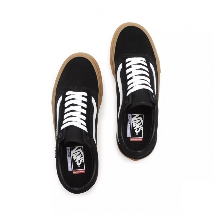 The iconic Vans Skate Classic Old Skool Pro Shoes - Black/Gum, fully revised and now available in black gum.