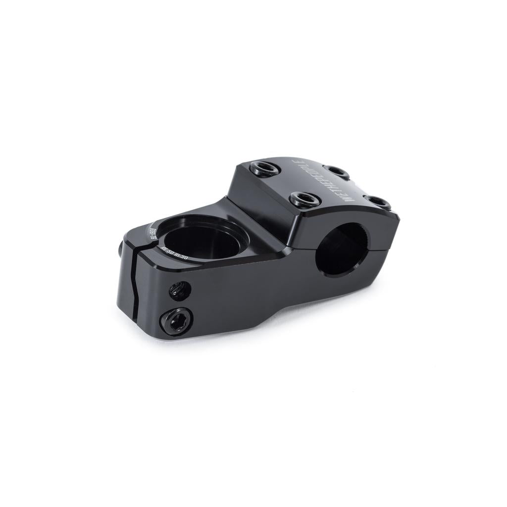 The Wethepeople Hydra Stem (22.2mm Clamp) is a black metal BMX stem with multiple bolt holes and shark tooth clamping, designed to securely attach handlebars to the steering tube.