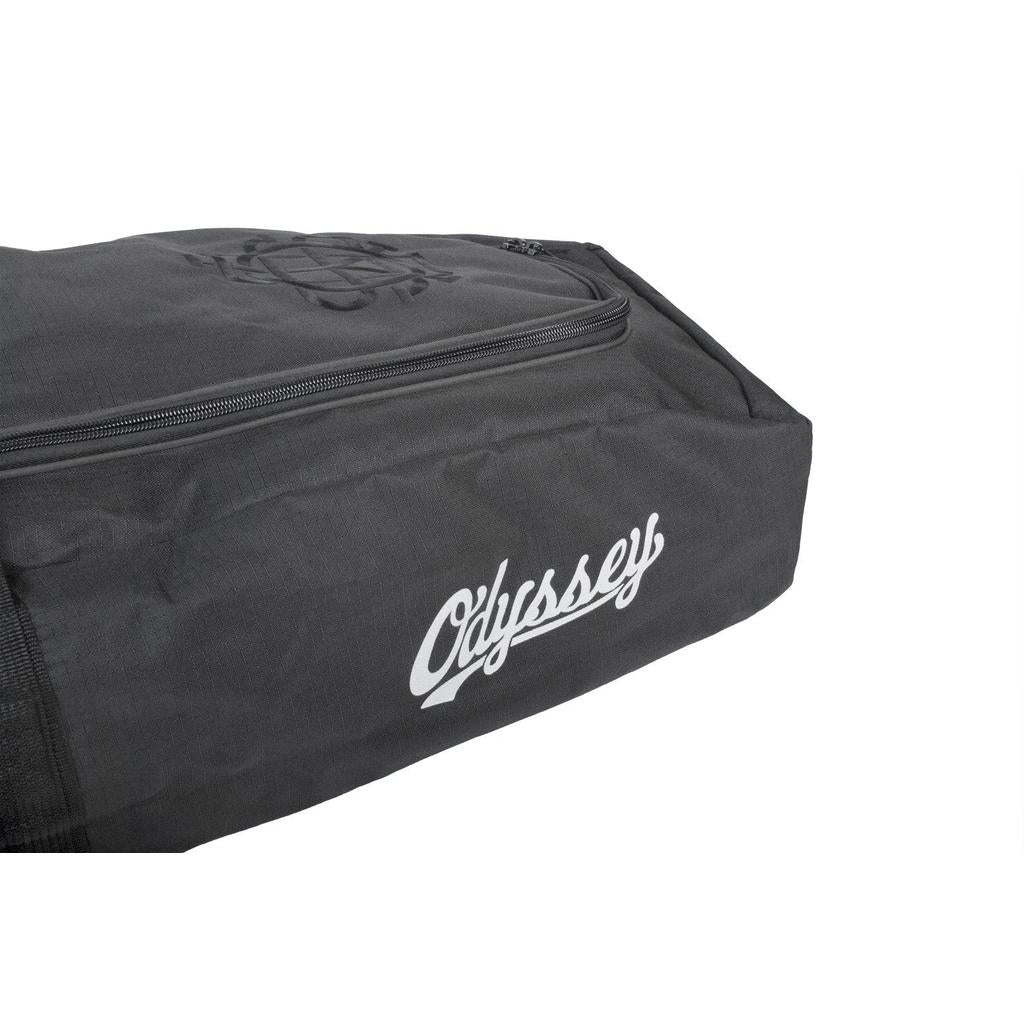 Black fabric travel bag featuring a zipper, adorned with the "Odyssey Monogram" elegantly scripted in white on the side.