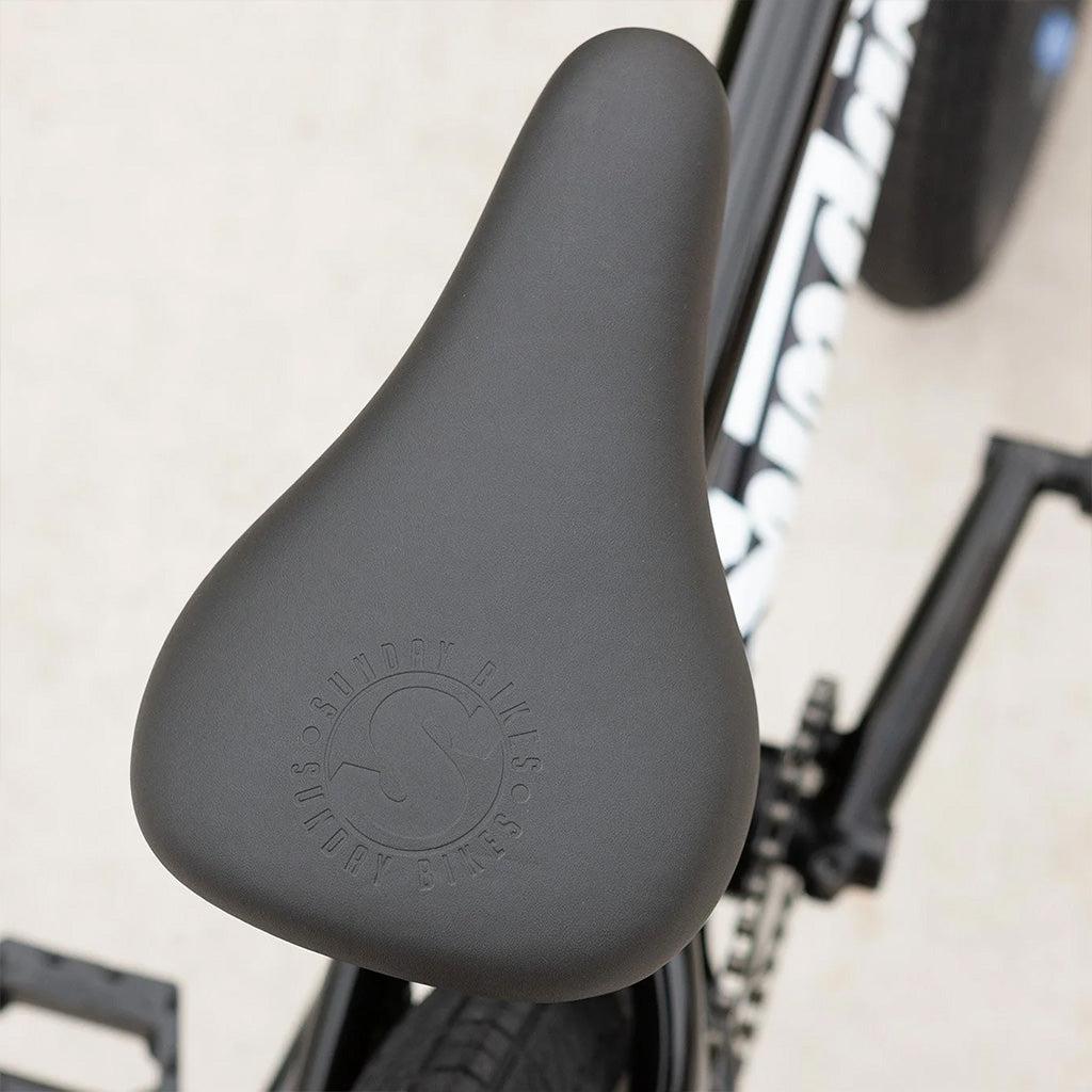 A close up of the seat of a Sunday Blueprint 20 inch Bike.
