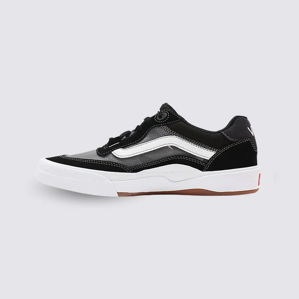 A single black and white low-top Vans Wayvee Pro sneaker with a white WAFFLECUP outsole and black laces displayed against a grey background.