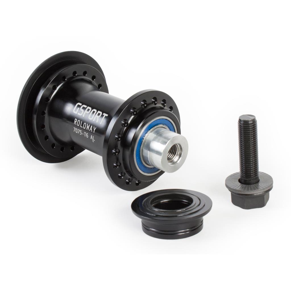 The G-Sport Roloway Front Hub features a black 7075-T6 aluminum hub shell, silver axle, blue bearing, and separate black washer and bolt arranged on a white background. It is also compatible with plastic hub guards for added protection.