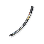 A curved black and silver double-wall metal rim segment for a 20-inch bike, featuring decals and Weinmann DM30 Rim 20 Inch (406 mm) branding on its surface.