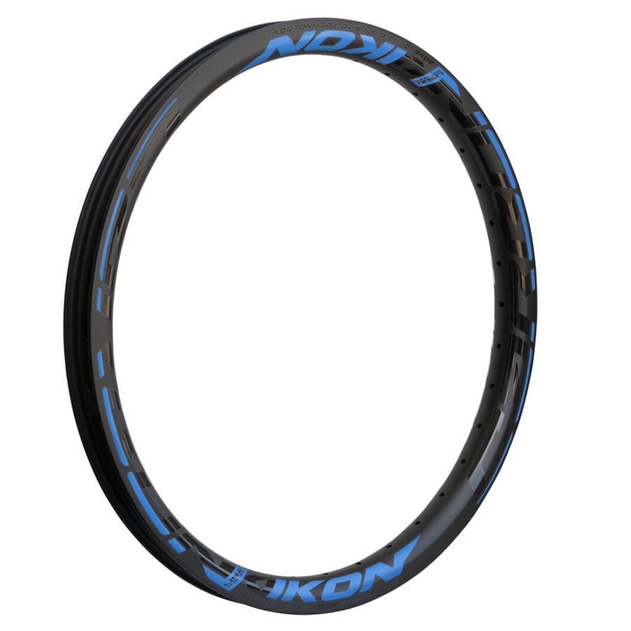 The Ikon Carbon 20 Inch Brakeless Rim is a black and blue carbon fibre bicycle rim with blue lettering.