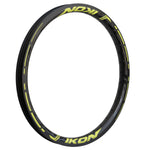 A black rim with yellow lettering on it. Incorporates the Ikon Carbon 20 Inch Brakeless Rim.