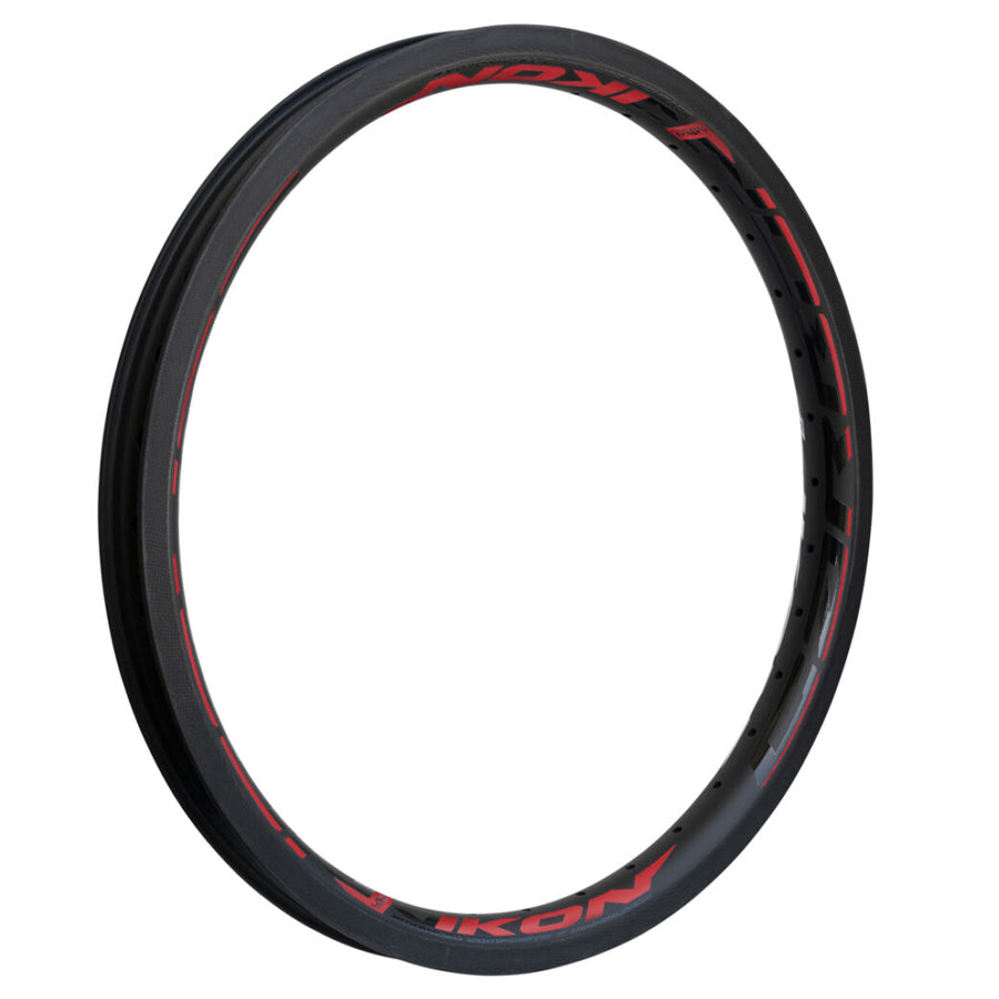 An Ikon Carbon 20 Inch Brake Rim with red lettering.