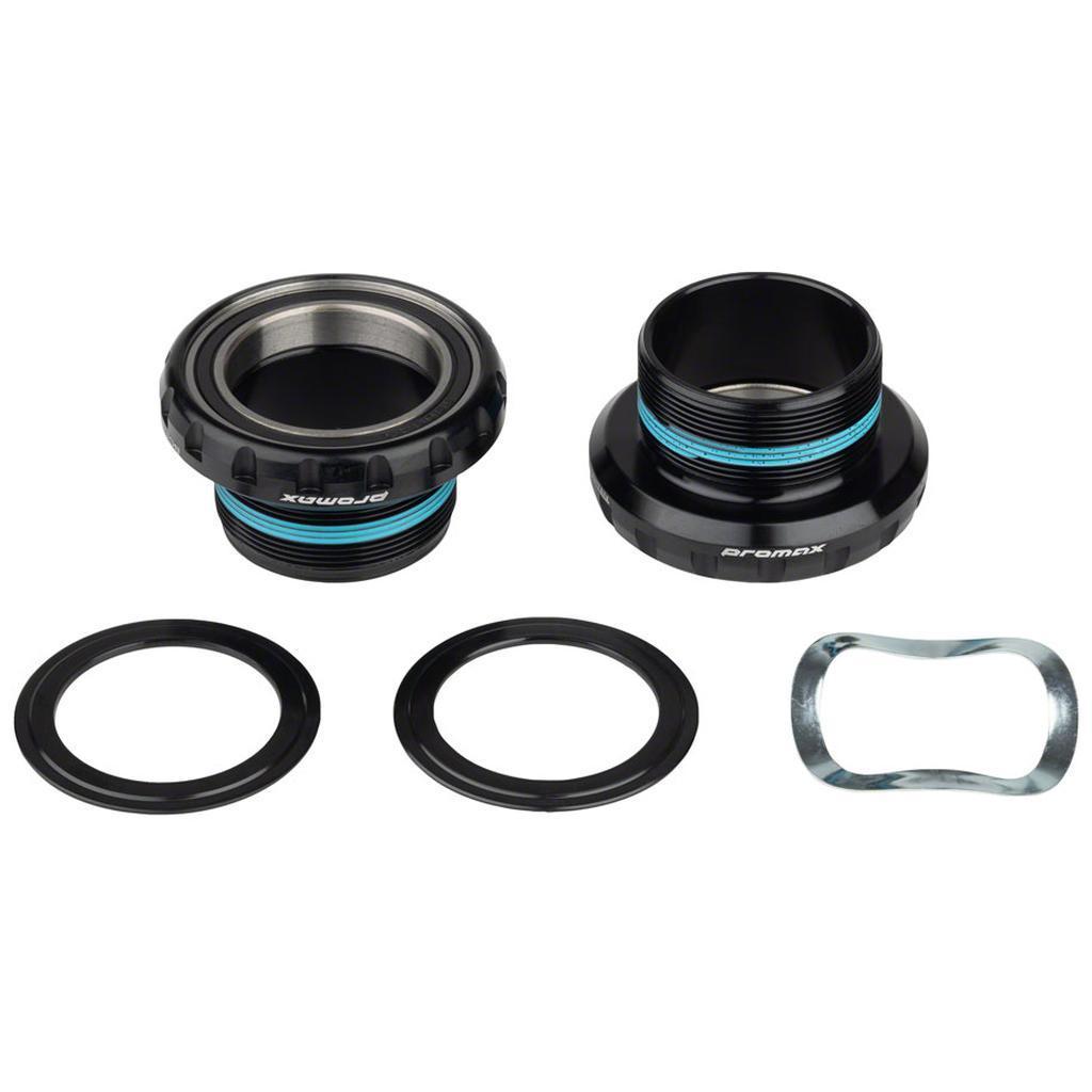 The Promax EX-2 External 30mm Euro Bottom Bracket features CNC-machined aluminum cups, sealed bearings, two black spacers, and a metal washer—all shown on a white background.