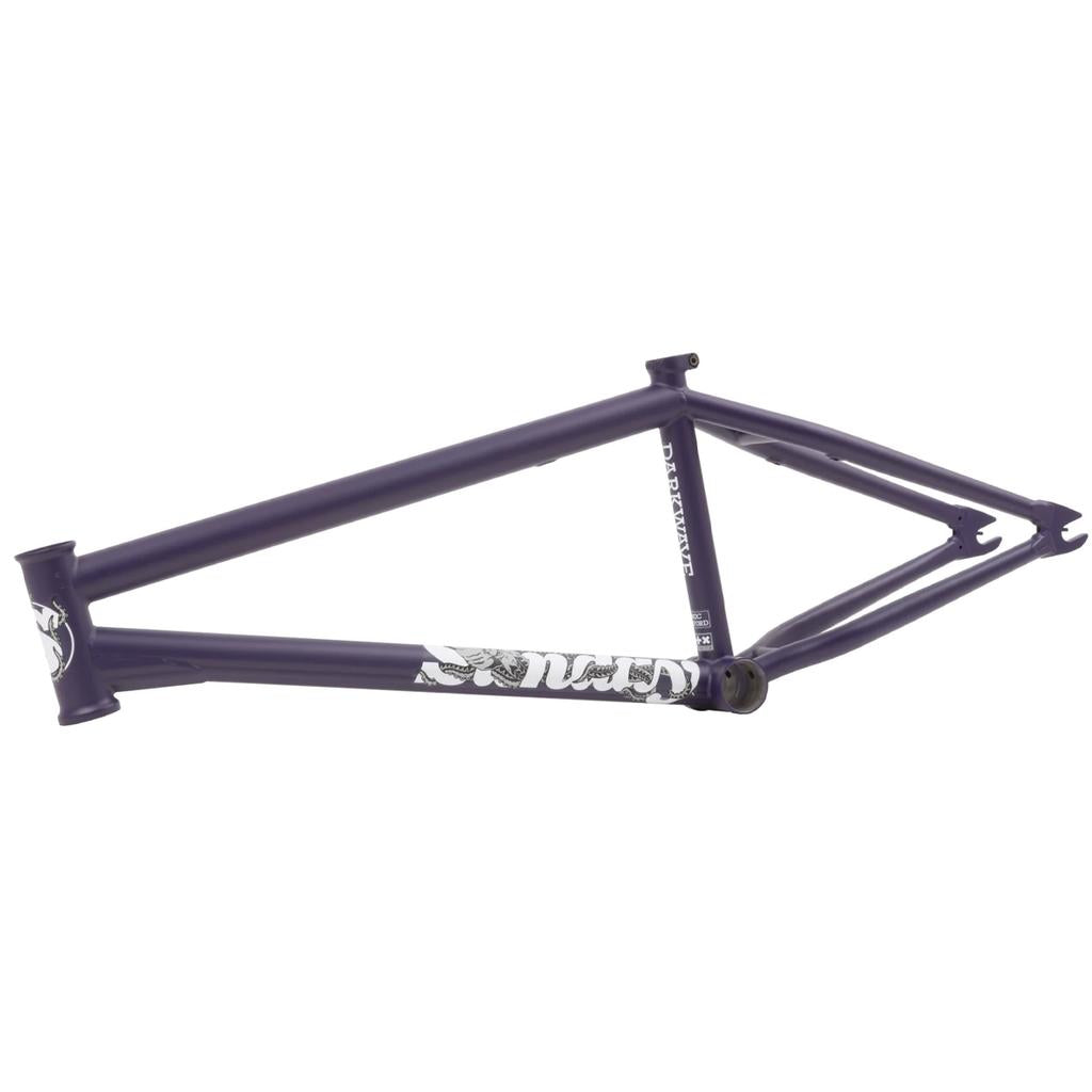 The Sunday Darkwave Frame (Broc Raiford Signature) is a purple 4130 chromoly BMX frame featuring Broc Raiford signature geometry and white graphics on the down tube and head tube, shown on a white background.