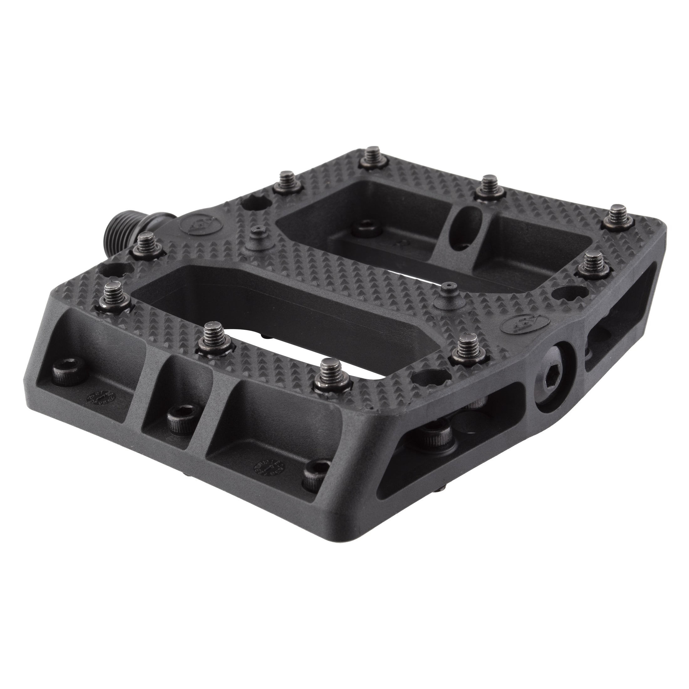 The Alienation Foot Fetish Pedal is a black, flat platform pedal crafted from durable thermoplastic and features metal traction pins plus a textured surface for excellent grip, shown from an angled view.
