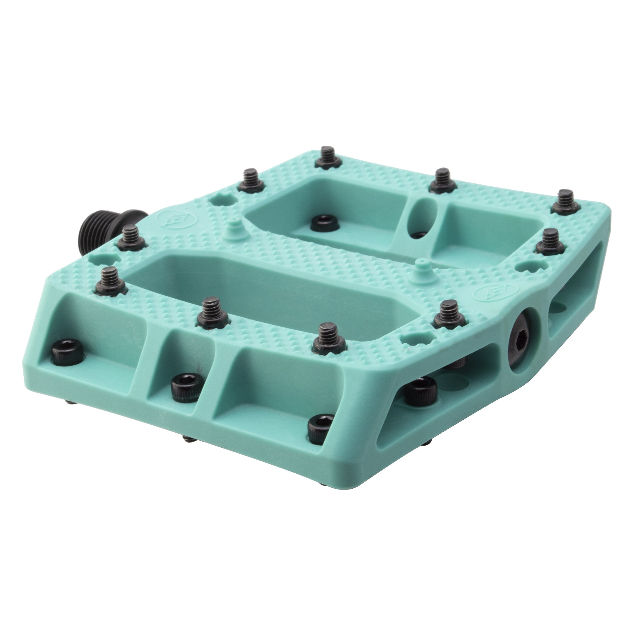 The Alienation Foot Fetish Pedal is a turquoise flat platform pedal crafted from durable thermoplastic, featuring metal grip pins and a textured surface; displayed angled to showcase its sturdy platform and axle.
