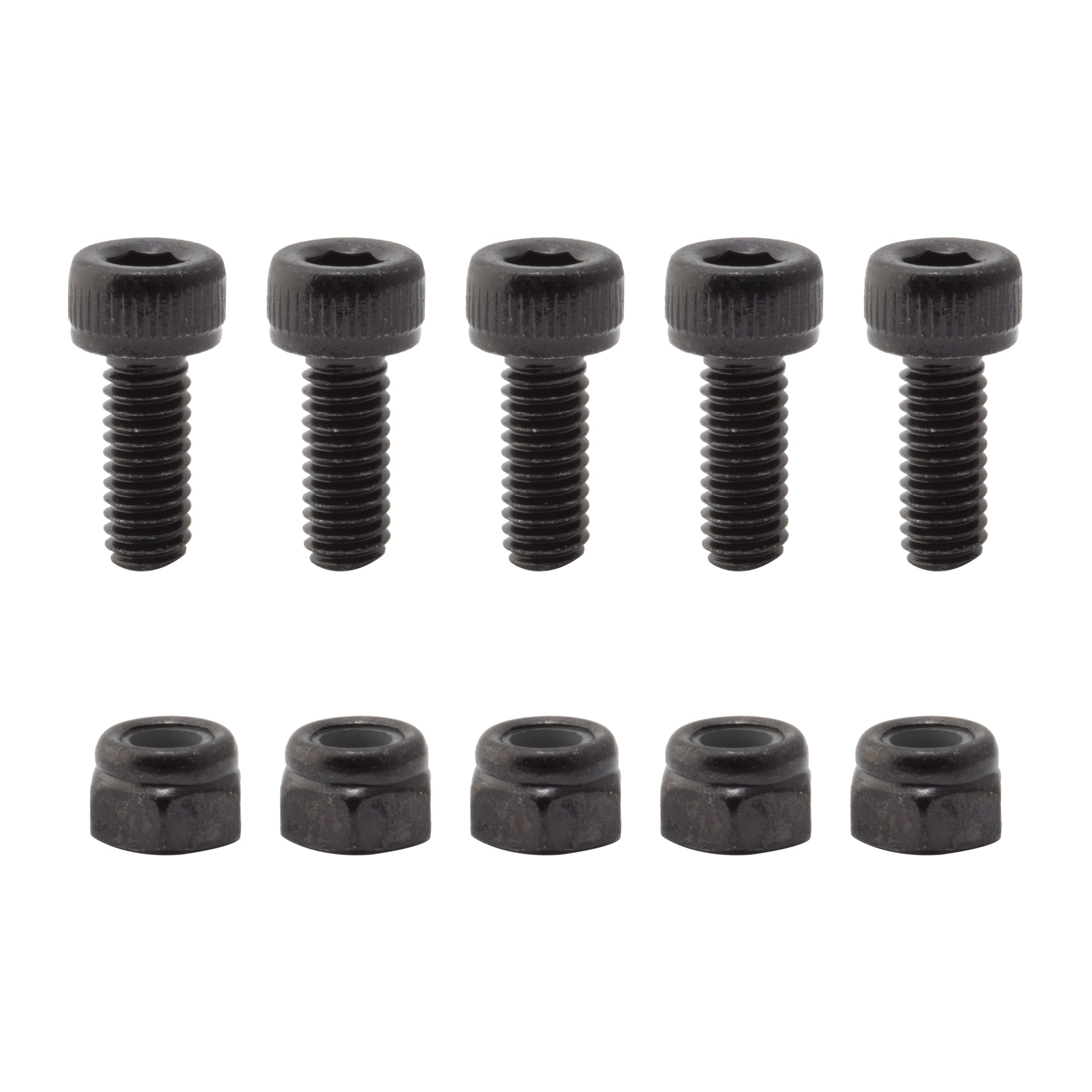 Six black Alienation Foot Fetish Pedal Replacement Pins with matching hex nuts are arranged in two rows on a white background, perfect for replacing worn pins or upgrading to durable stainless steel for your pedals.