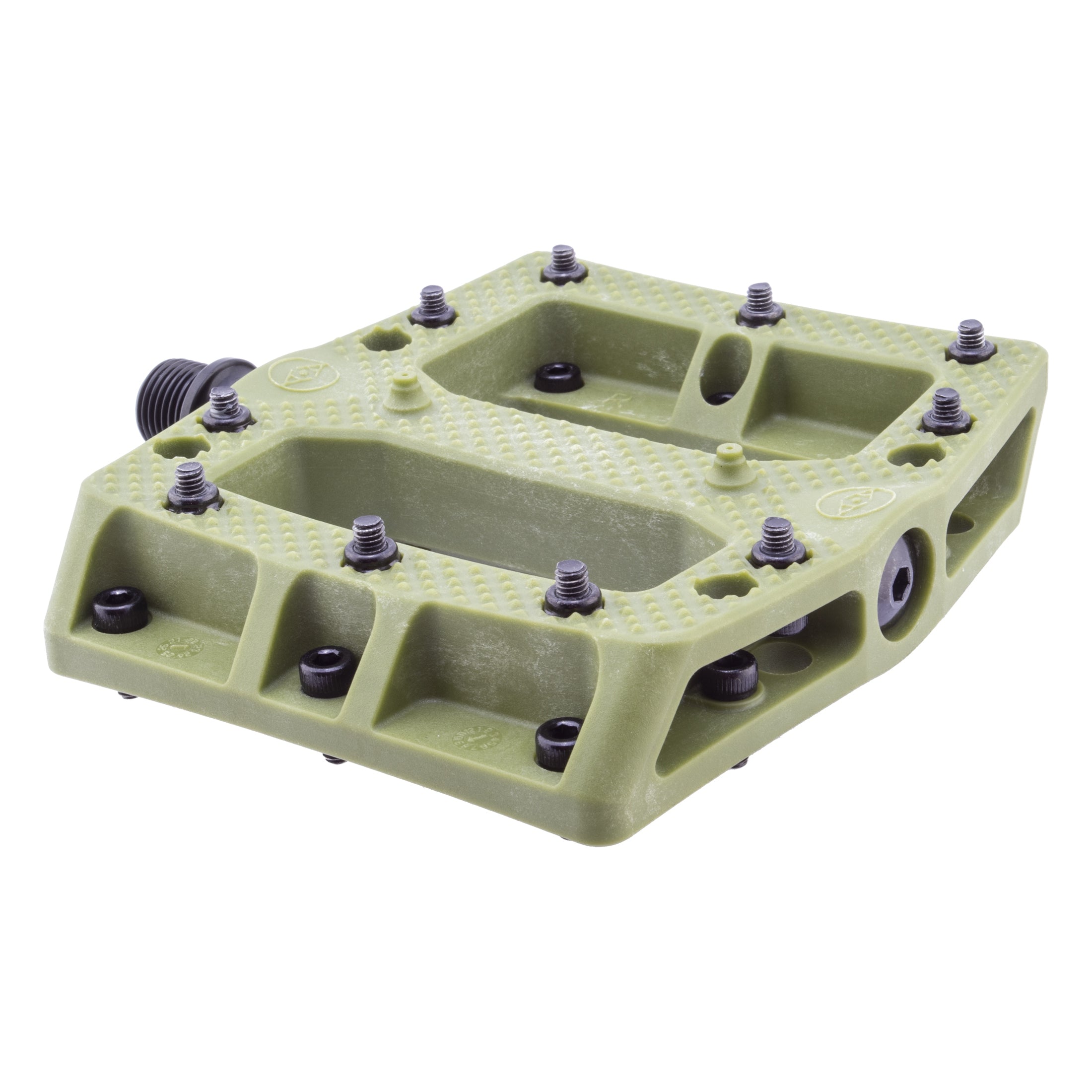 Close-up of the Alienation Foot Fetish Pedal: a green flat platform pedal with a textured thermoplastic surface, multiple metal pins for grip, and a black spindle—designed for durability, optimal performance, and stability.