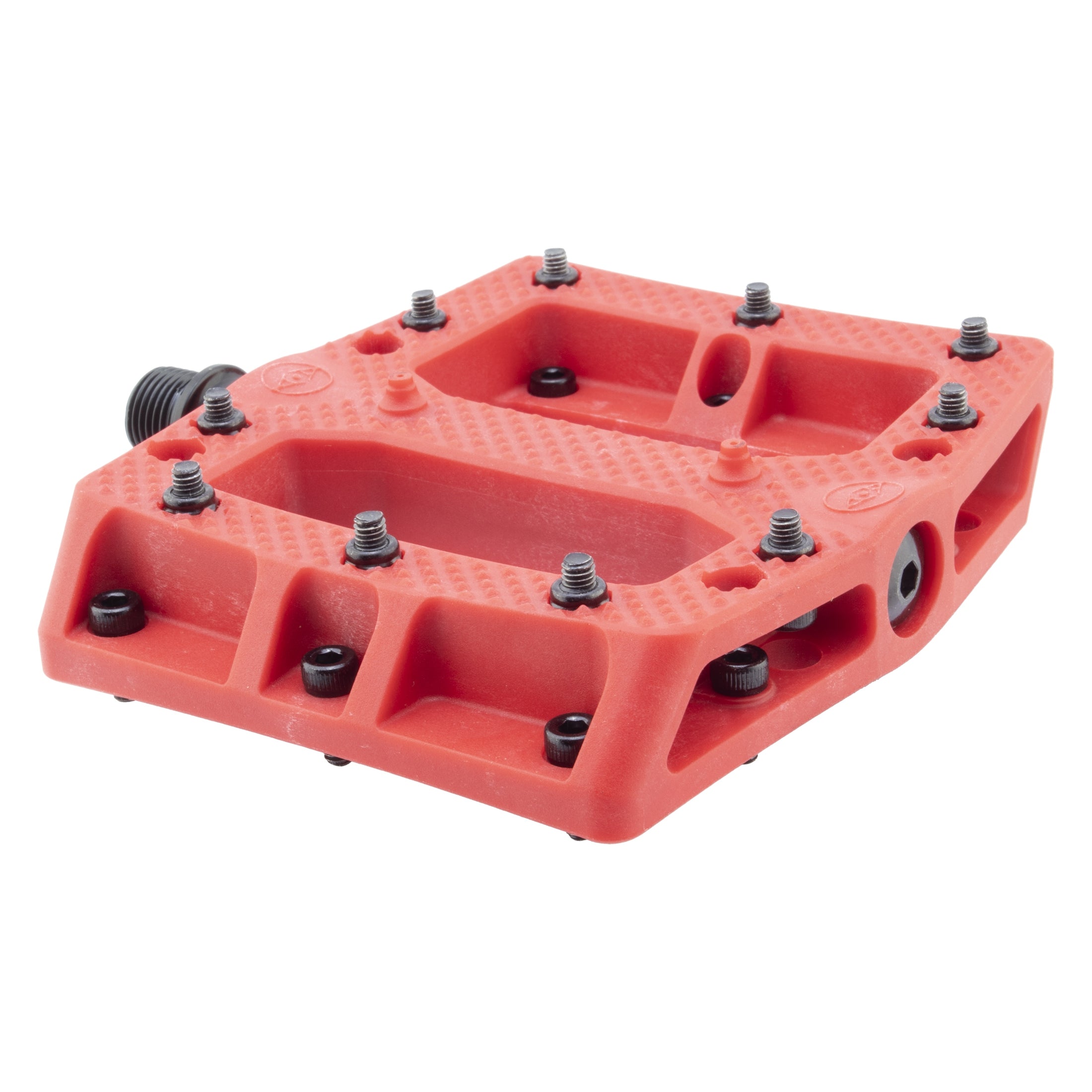 The Alienation Foot Fetish Pedal features a red thermoplastic body with a textured surface and multiple metal grip pins, designed for standard bike cranks, shown against a white background.