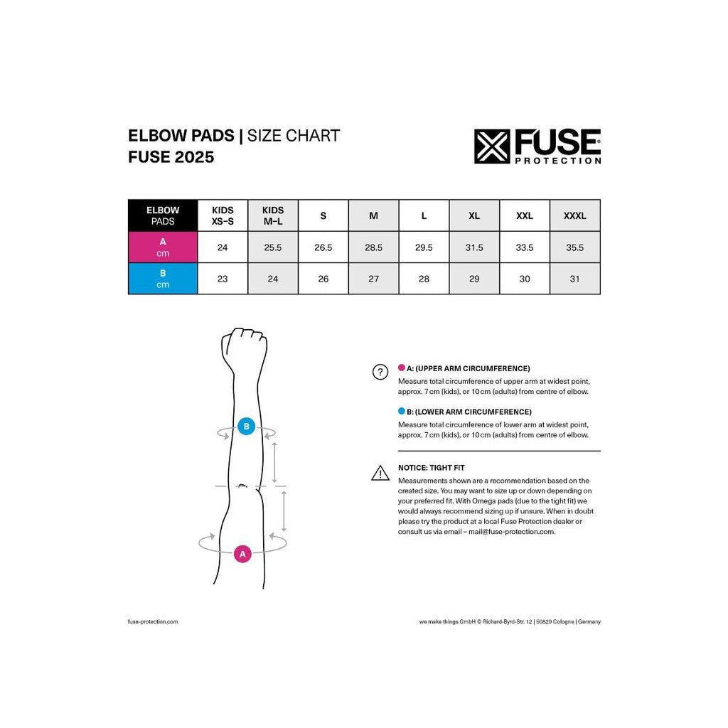 Explore the size chart for Fuse Delta Elbow DFS Pads (Pair), which includes options from Kids XS-S, Kids M-L, and adult sizes S to XXXL. Crafted from breathable neoprene and enhanced with the DFS foam system, these pads provide superior comfort. The package also contains instructions for measuring your upper and lower arm circumference.