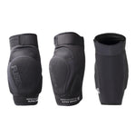 Three views of black Fuse Alpha Classic Kids Knee Pads (Pair), made from durable neoprene for impact protection, shown from the front, side, and back against a white background.