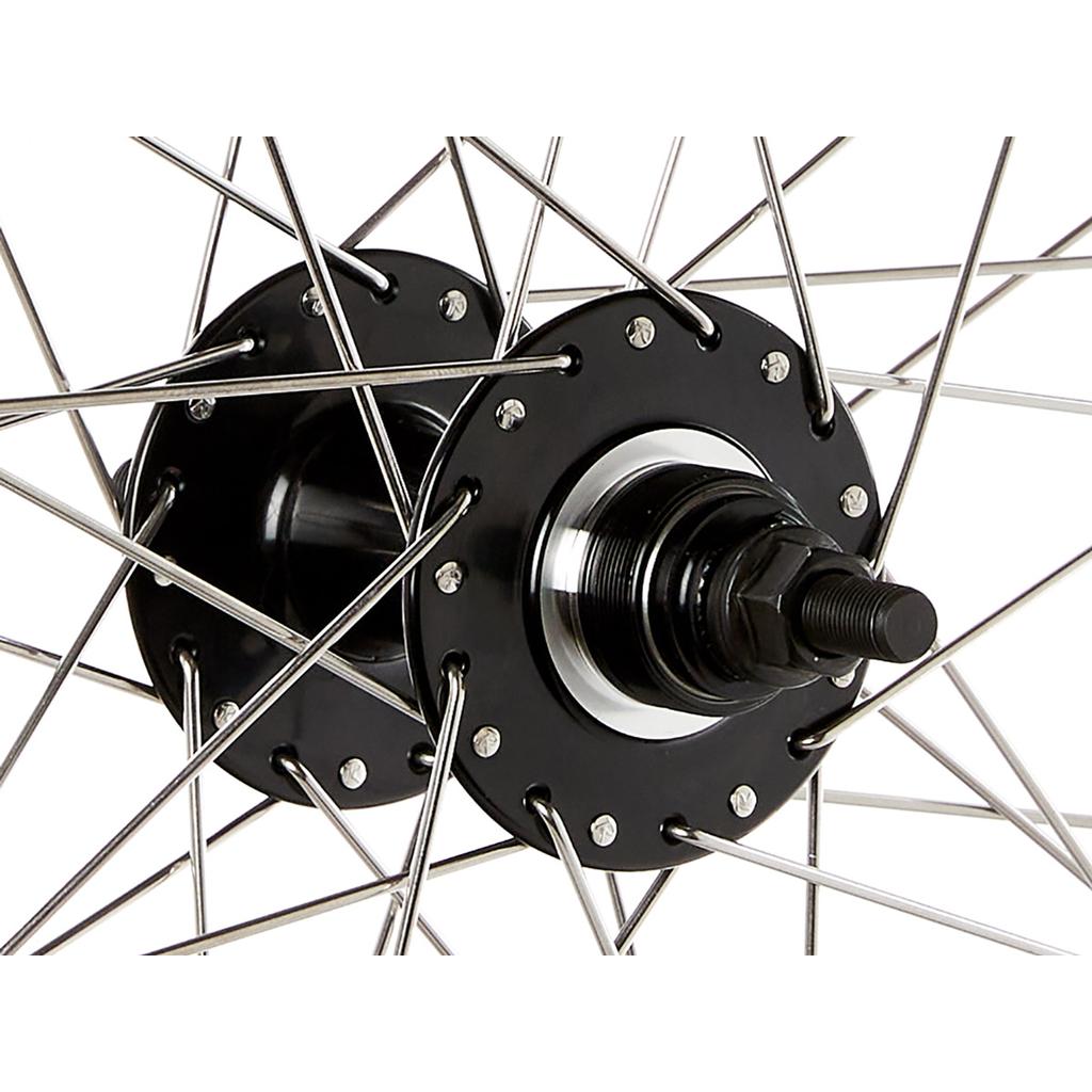 Close-up of the S&M Covid 26 Inch Wheel Set featuring a black central hub, metal spokes radiating outward, and durable double wall rims.