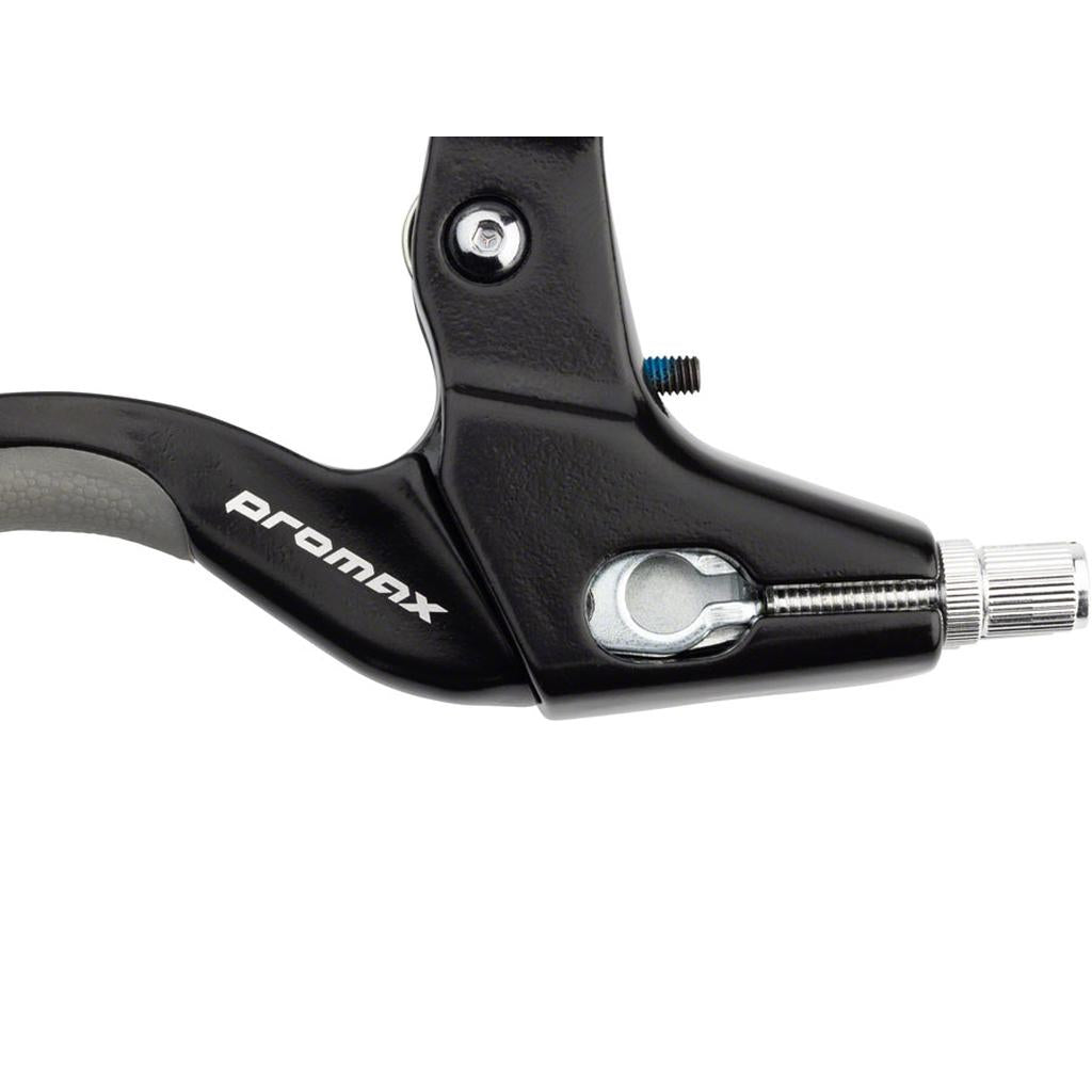 Close-up of a black Promax BL-47 V Brake Lever, highlighting the adjustment screw, cable entry point, and its compatibility with two cables for linear pull brakes.