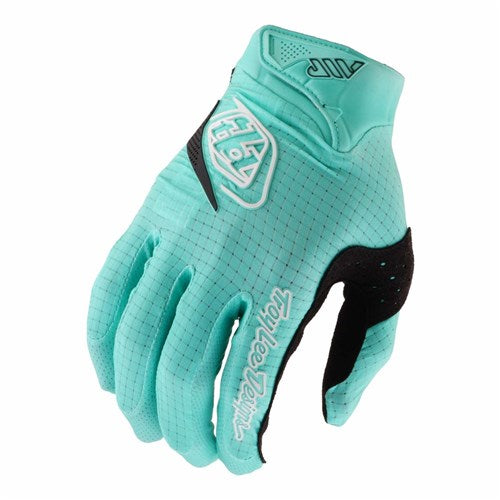 The TLD 26.1 Air Gloves (Youth) in Mono Real Teal are lightweight turquoise cycling gloves with black accents, a grid pattern, ventilation holes, and branding on the top and fingers, shown on a white background.