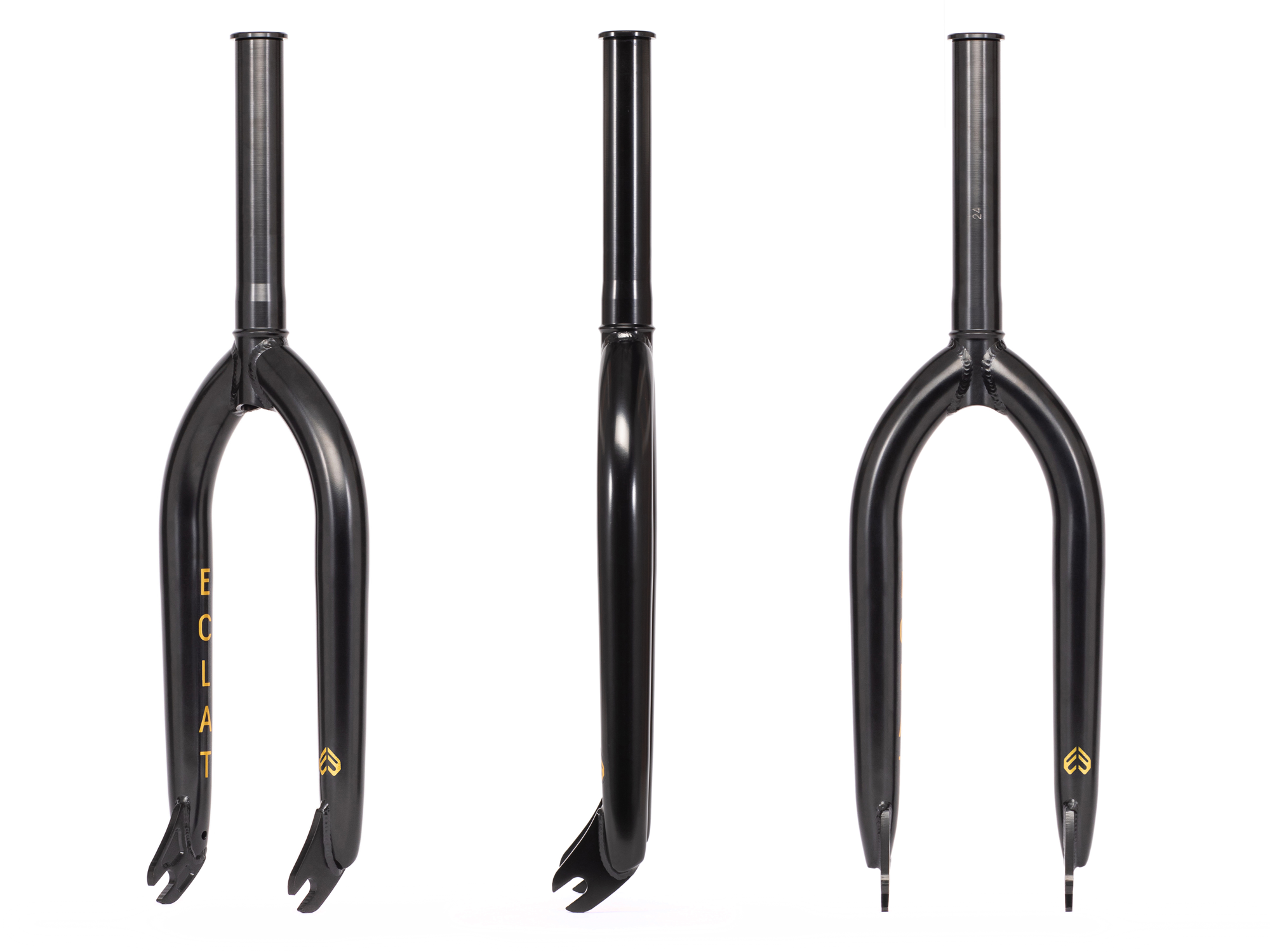 Three views of the Eclat Storm XLT Fork—a black BMX fork made from strong 4130 Chromoly and featuring straight steerer tubes and dropout slots—are displayed from front, side, and angled perspectives against a white background.