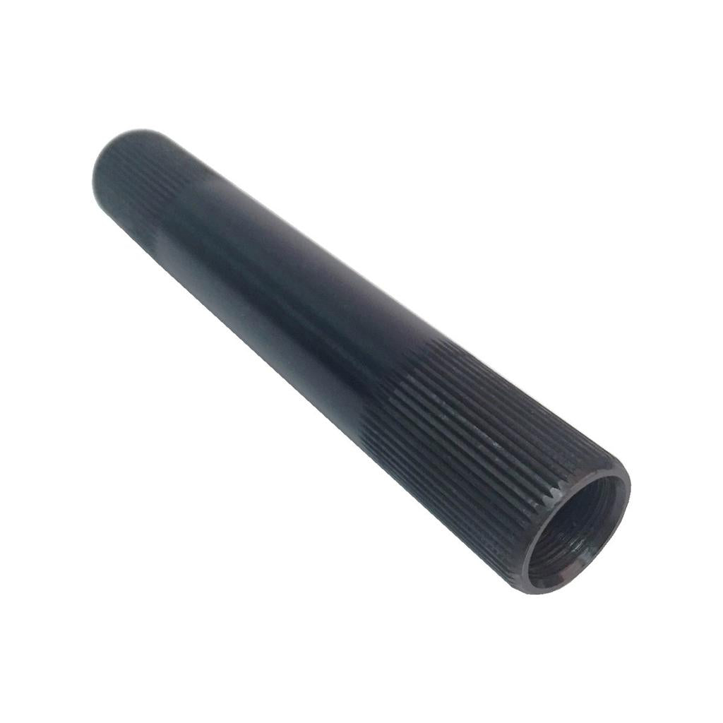 The Fit Bike Co Crank Spindle is a cylindrical metal replacement spindle with 48 splines and internal threading on one end, designed for three-piece cranks, pictured at an angle on a white background.