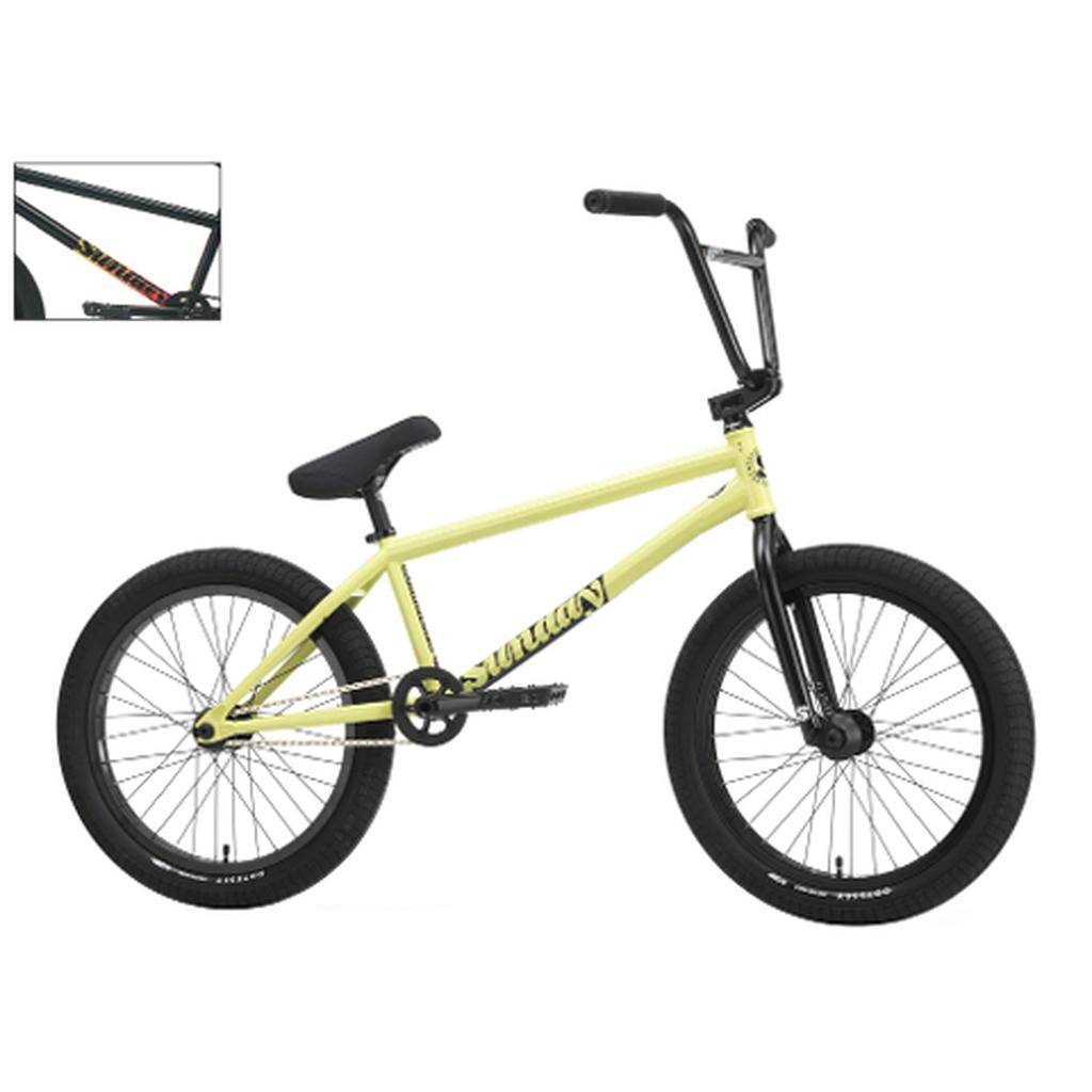 A side view shows the yellow Sunday Soundwave Special Bike (2025) with Odyssey parts, black handlebars, seat, and tires. An inset highlights its black frame with orange decals and features the 41-Thermal® Lifetime Warranty.