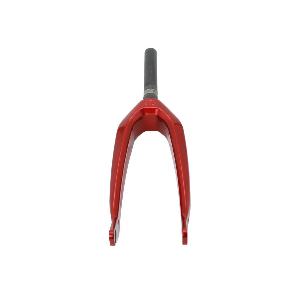 Arise Terra Carbon Forks Pro, tapered 20mm, shown from the front. Made with monocoque carbon fibre construction, finished in red, displayed against a white background.