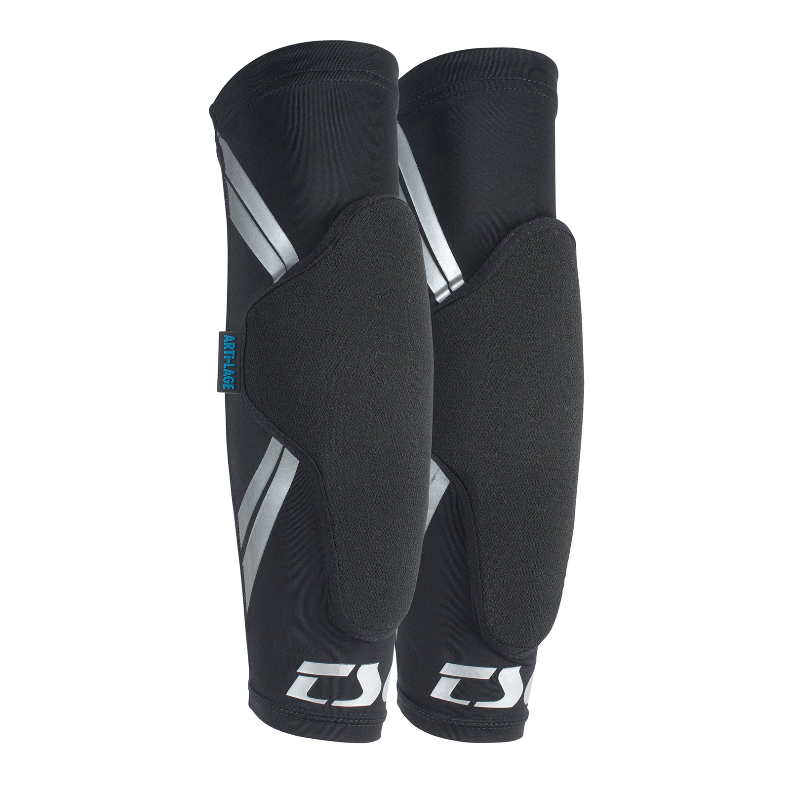 The TSG Elbow-Sleeve Dermis A is a pair of black padded arm sleeves with gray accents and a blue side tag, designed for sports protection—ideal as a packable elbow sleeve during intense activities.
