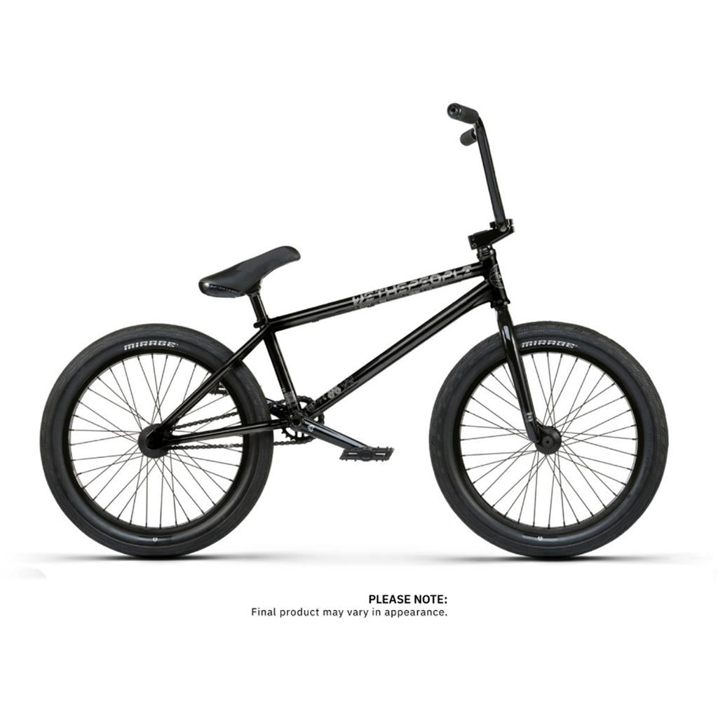 The Wethepeople Envy 20 Inch Bike is a black BMX featuring a durable Chromoly frame, thick tires, Eclat components for improved performance, a straight handlebar, and pedal pegs. PLEASE NOTE: Final product appearance may vary.