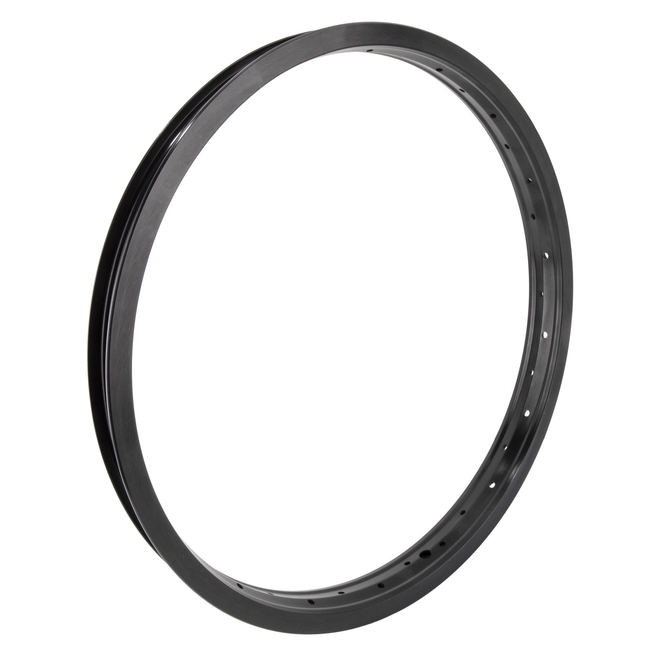 The Alienation BlackSheep 20 Inch Rim is a black metal bicycle rim with multiple spoke holes, designed for dirt jump, street, and park riding. It is shown against a plain white background.