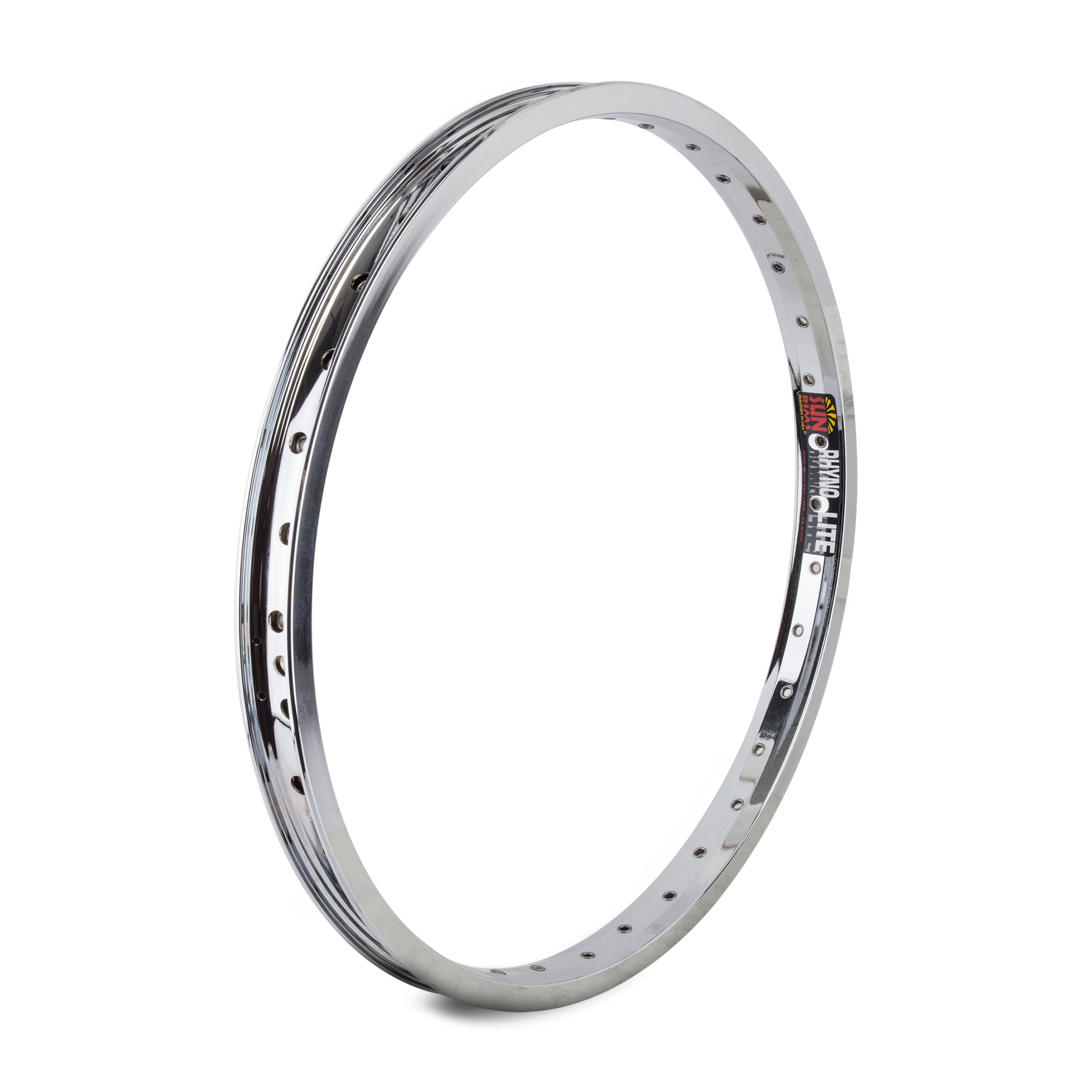 A Sun Rhyno Lite Rim, chrome-plated with multiple spoke holes, is displayed upright against a white background.