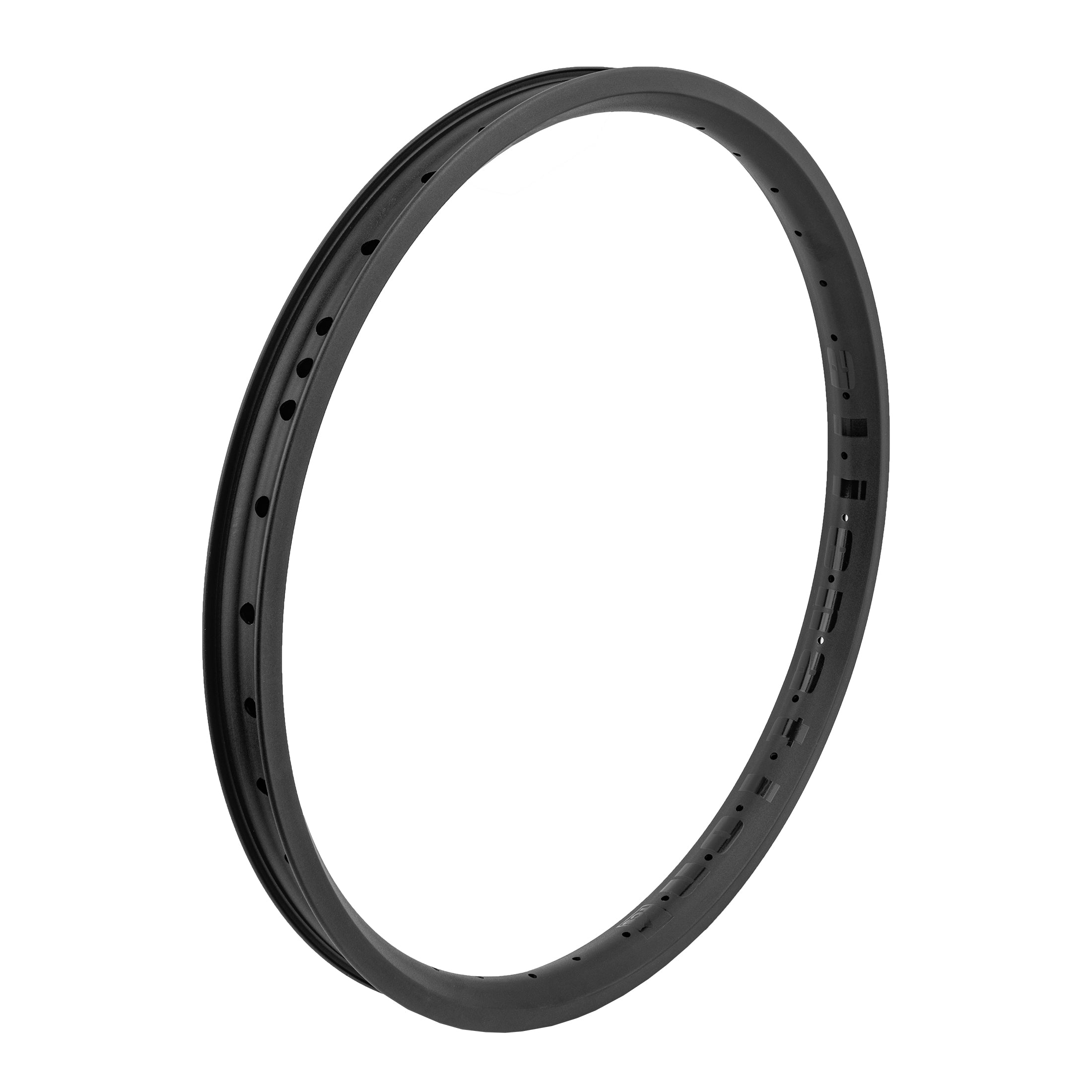 The Alienation Vandal 22 Inch Rim is a black, lightweight BMX rim with multiple spoke holes, displayed on a white background. Ideal for riders looking for quality BMX rims.
