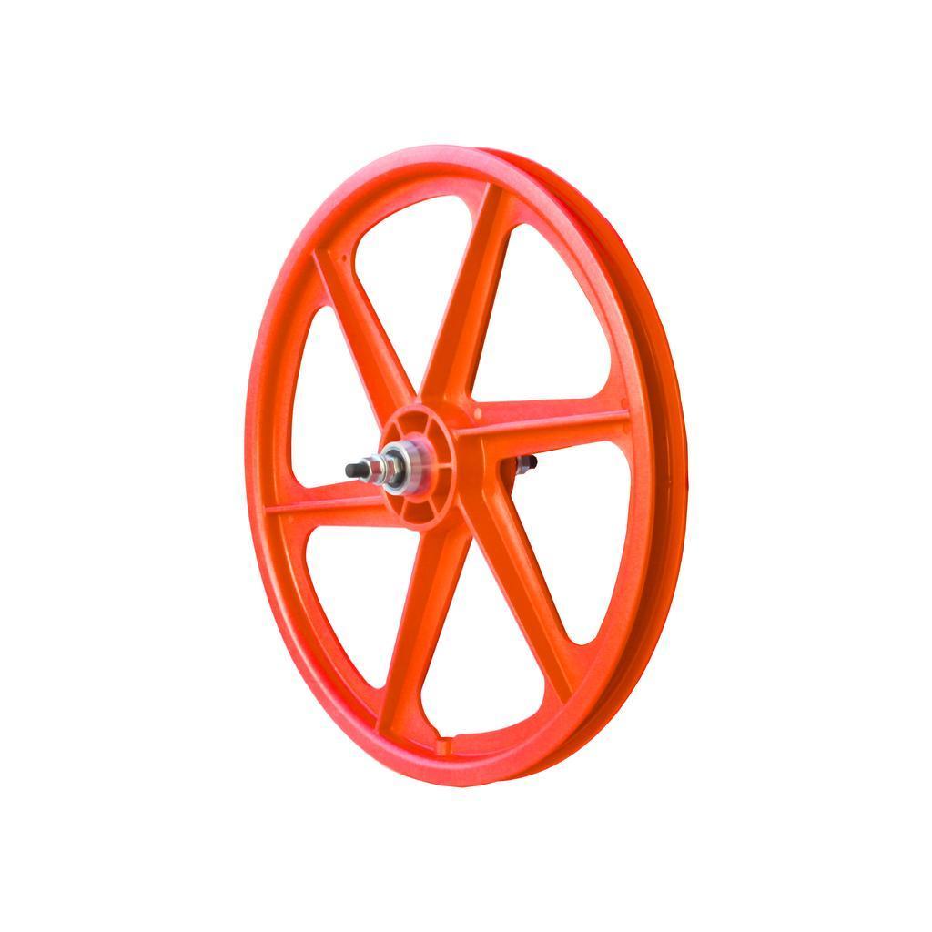 The Skyway Tuff 6 Spoke Rear Wheel features a bright orange, durable composite nylon body with six spokes and a central metal hub, isolated on white—a classic icon in bicycle design.