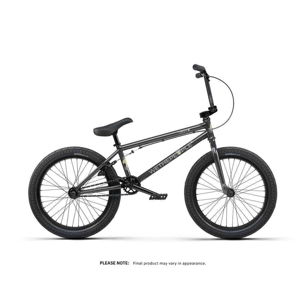 The Wethepeople CRS FC 20 Inch Bike is an entry-level matte black BMX with 20" wheels, thick tires, a single gear, straight handlebars, and a freecoaster hub, shown on a white background.