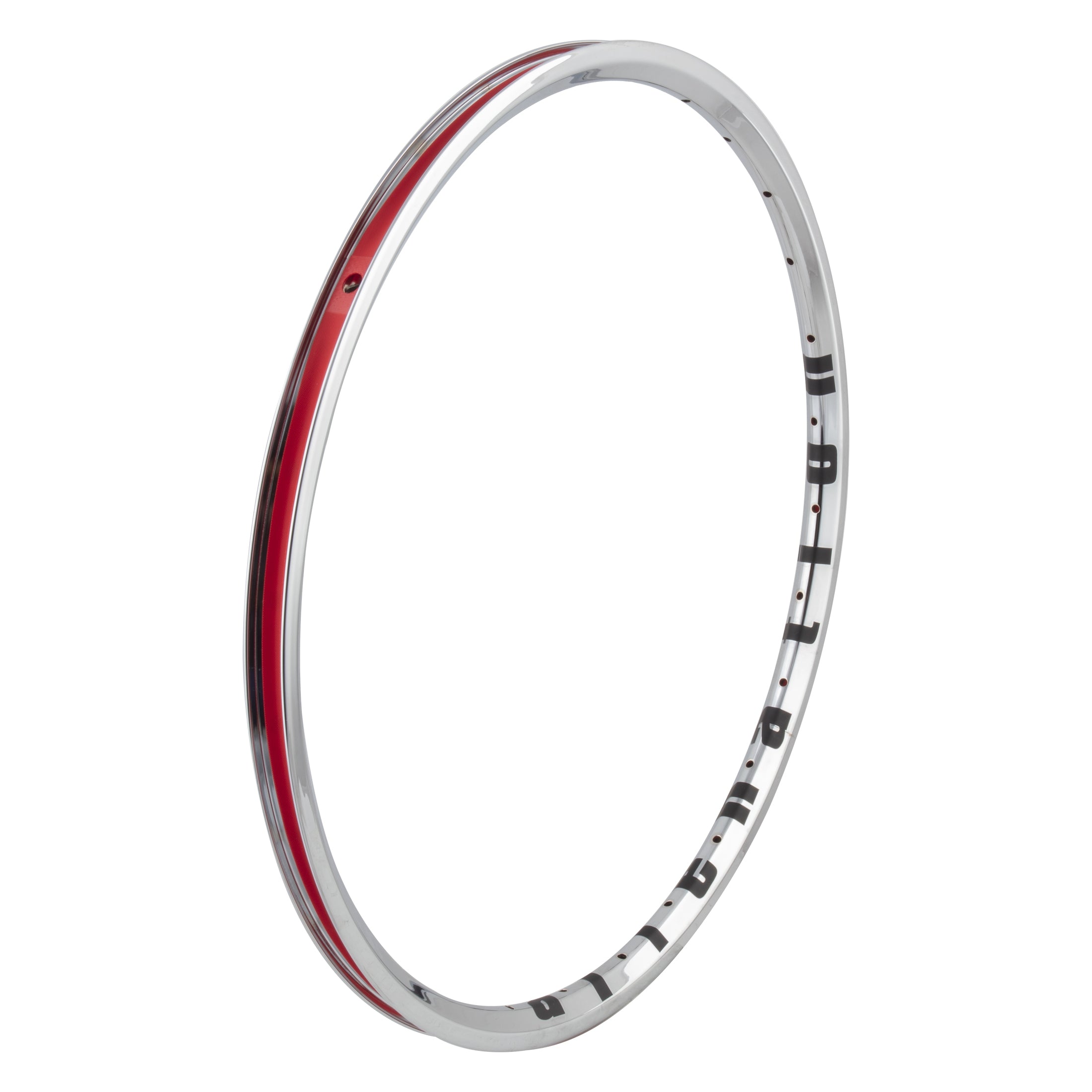 The Alienation Mite TCS Rim 24 x 1-1/8th Inch 28 Hole (520mm) is a lightweight 6069-T6 alloy rim with a silver finish, red inner strip, and black printed text—ideal for cruiser race bikes. Shown on a white background.